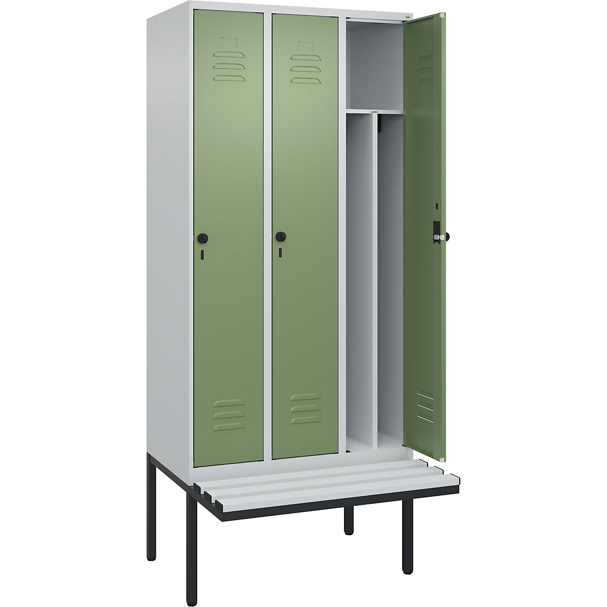 Armadietto sporco/pulito Classic PLUS con panca, stretto – C+P, 3 scomparti, tramezza ridotta, grigio chiaro / verde reseda, largh. 900 mm, serratura girevole di sicurezza, panca sporgente, plastica-0