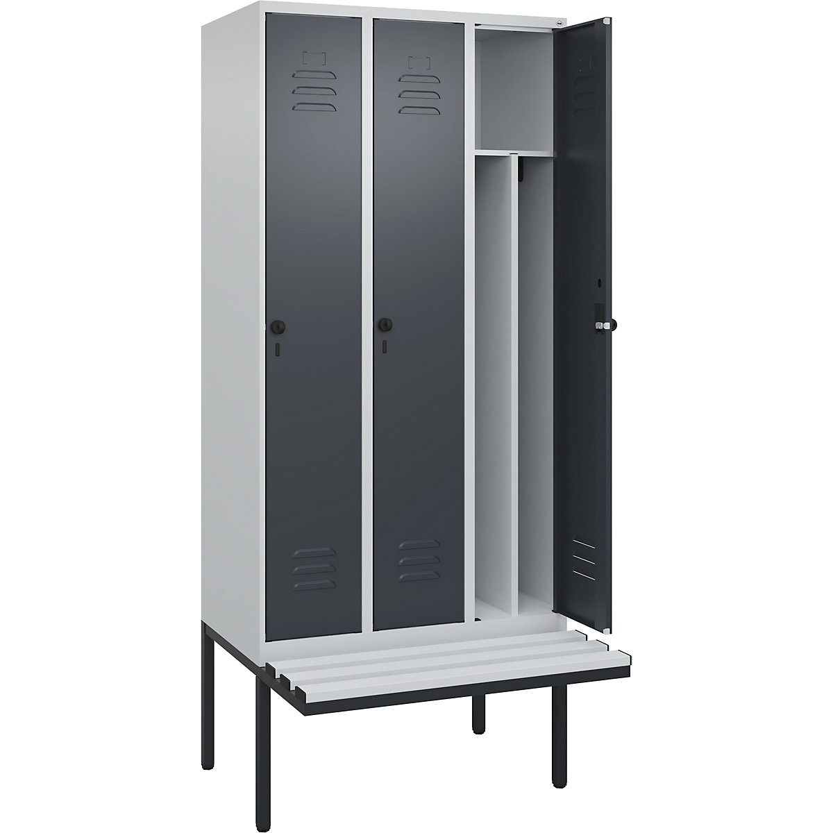 Armadietto sporco/pulito Classic PLUS con panca, stretto – C+P, 3 scomparti, tramezza ridotta, grigio chiaro / grigio, largh. 900 mm, serratura girevole di sicurezza, panca sporgente, plastica-0