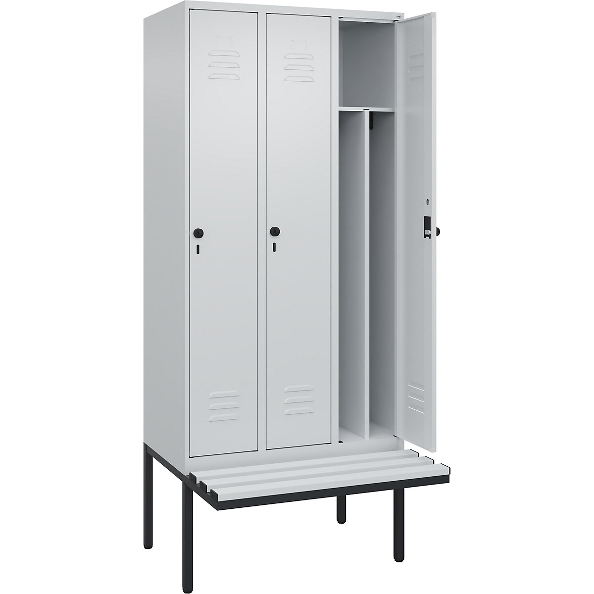 Armadietto sporco/pulito Classic PLUS con panca, stretto – C+P, 3 scomparti, tramezza ridotta, grigio chiaro, largh. 900 mm, serratura girevole di sicurezza, panca sporgente, plastica-0