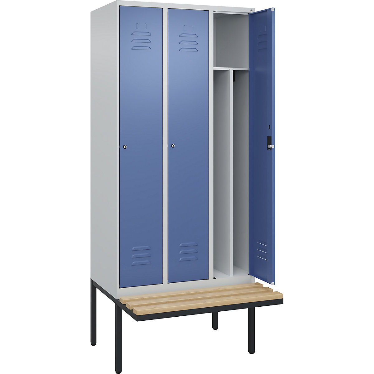 Armadietto sporco/pulito Classic PLUS con panca, stretto – C+P, 3 scomparti, tramezza ridotta, grigio chiaro / indaco, largh. 900 mm, serratura a cilindro, panca sporgente, legno duro di faggio-0