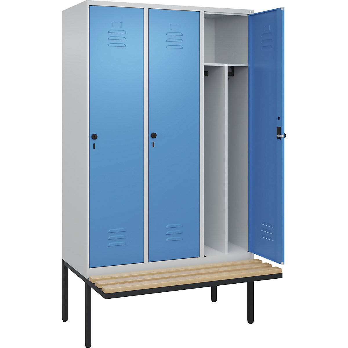 Armadietto sporco/pulito Classic PLUS con panca, stretto – C+P, 3 scomparti, tramezza ridotta, grigio chiaro / blu chiaro, largh. 1200 mm, serratura girevole di sicurezza, panca sporgente, legno duro di faggio-0