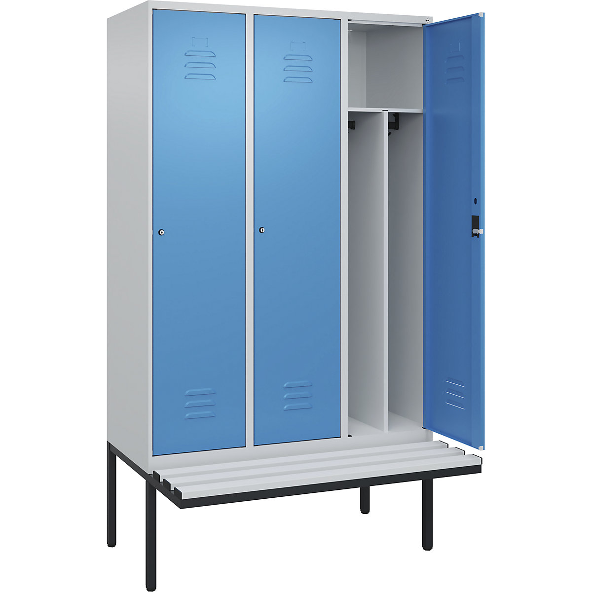 Armadietto sporco/pulito Classic PLUS con panca, stretto – C+P, 3 scomparti, tramezza ridotta, grigio chiaro / blu chiaro, largh. 1200 mm, serratura a cilindro, panca sporgente, plastica-0
