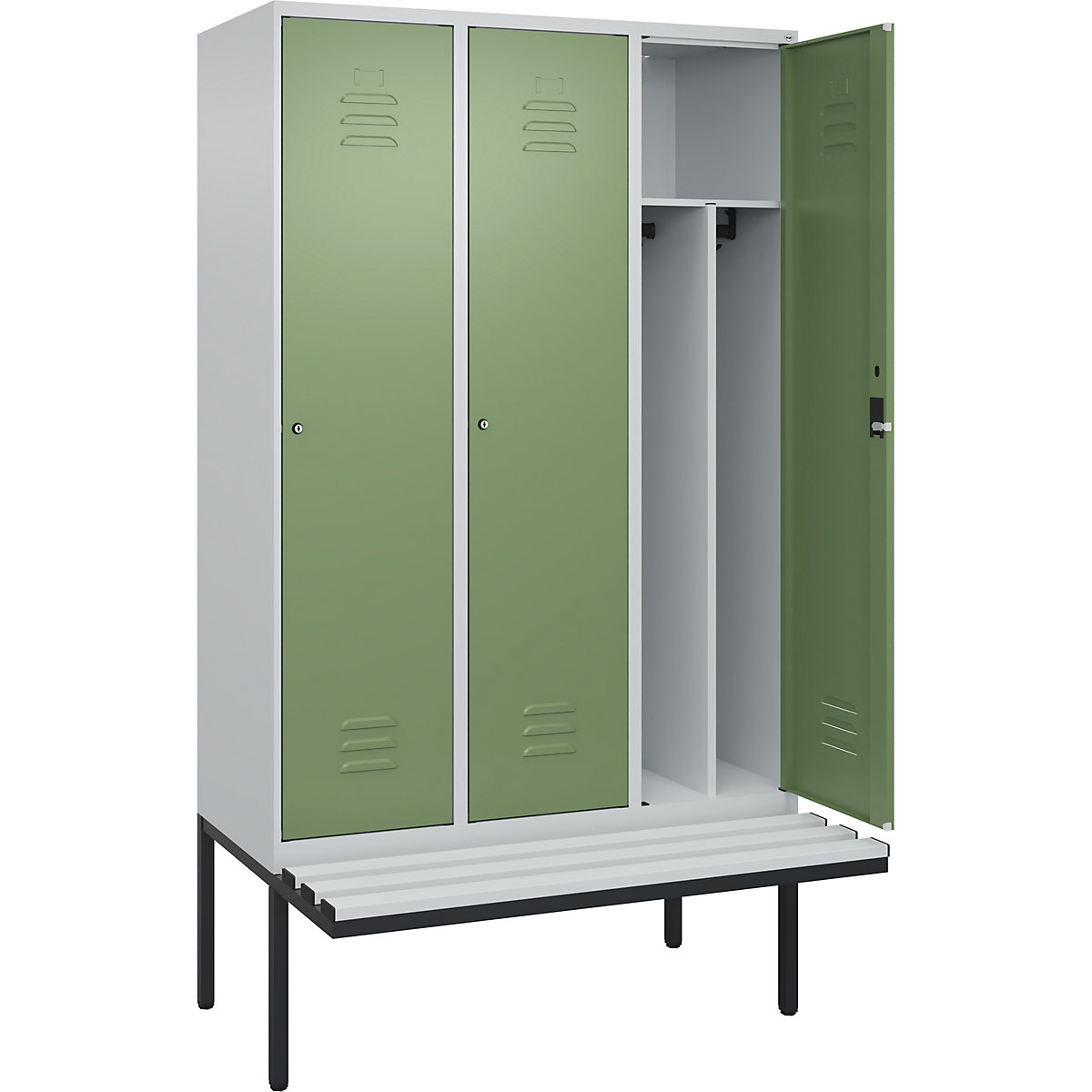 Armadietto sporco/pulito Classic PLUS con panca, stretto – C+P, 3 scomparti, tramezza ridotta, grigio chiaro / verde reseda, largh. 1200 mm, serratura a cilindro, panca sporgente, plastica-0