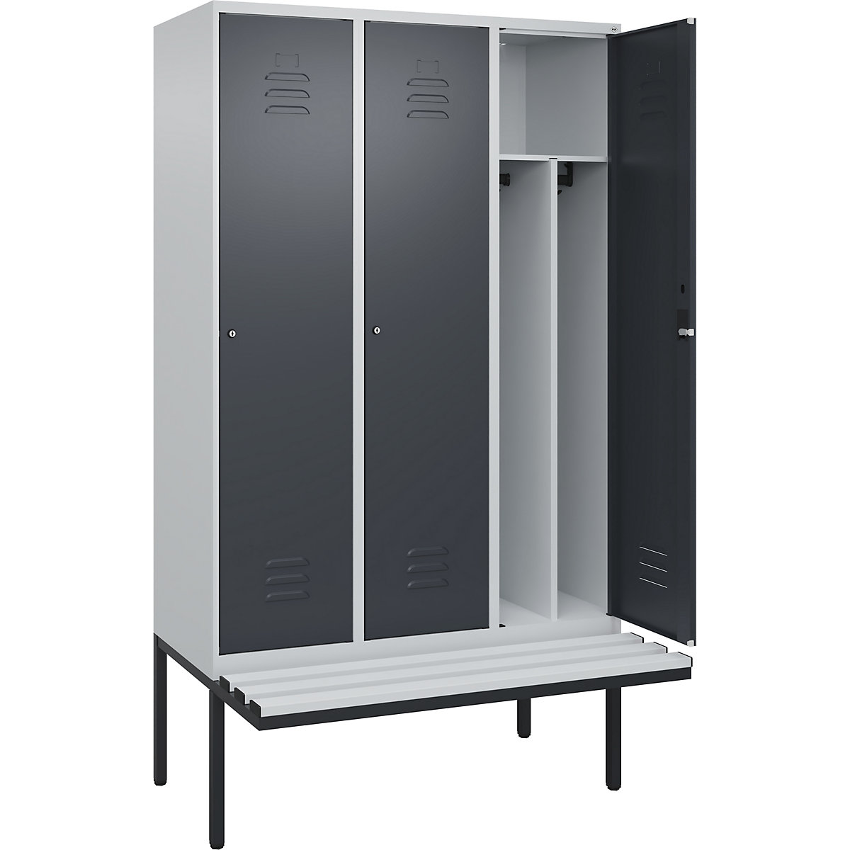 Armadietto sporco/pulito Classic PLUS con panca, stretto – C+P, 3 scomparti, tramezza ridotta, grigio chiaro / grigio, largh. 1200 mm, serratura a cilindro, panca sporgente, plastica-0