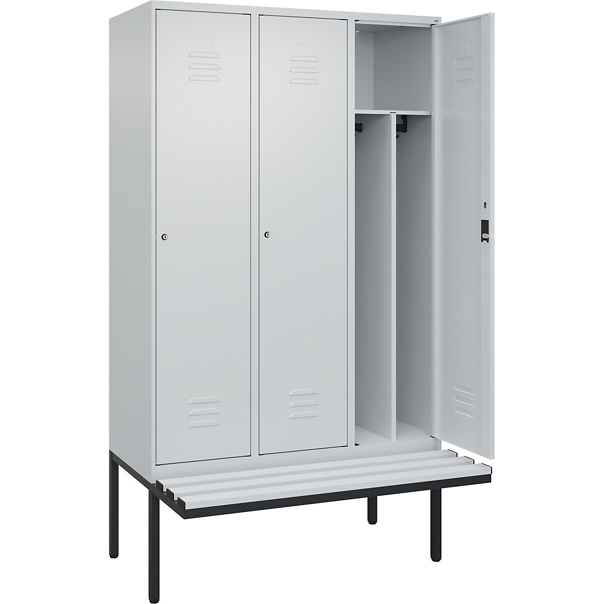Armadietto sporco/pulito Classic PLUS con panca, stretto – C+P, 3 scomparti, tramezza ridotta, grigio chiaro, largh. 1200 mm, serratura a cilindro, panca sporgente, plastica-0