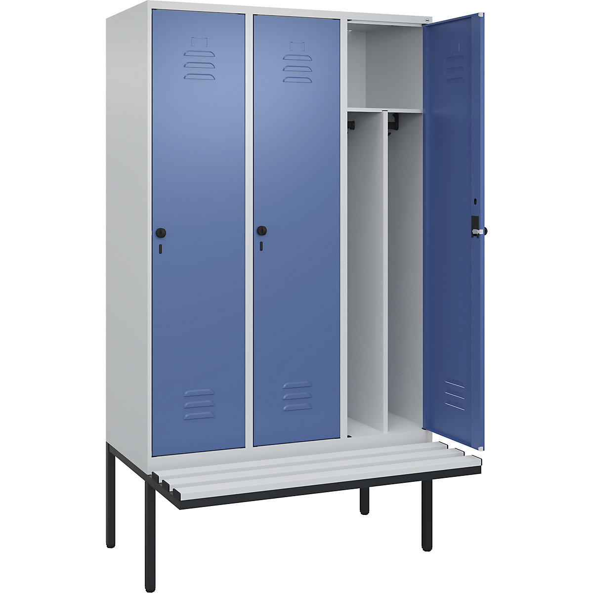 Armadietto sporco/pulito Classic PLUS con panca, stretto – C+P, 3 scomparti, tramezza ridotta, grigio chiaro / indaco, largh. 1200 mm, serratura girevole di sicurezza, panca sporgente, plastica-0
