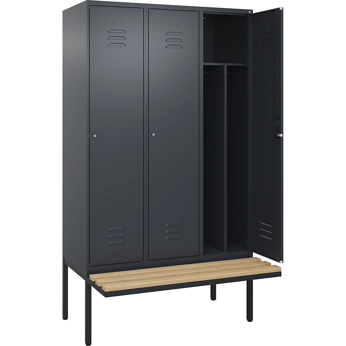 Armadietto sporco/pulito Classic PLUS con panca, stretto – C+P, 3 scomparti, tramezza ridotta, grigio, largh. 1200 mm, serratura a cilindro, panca sporgente, legno duro di faggio-0