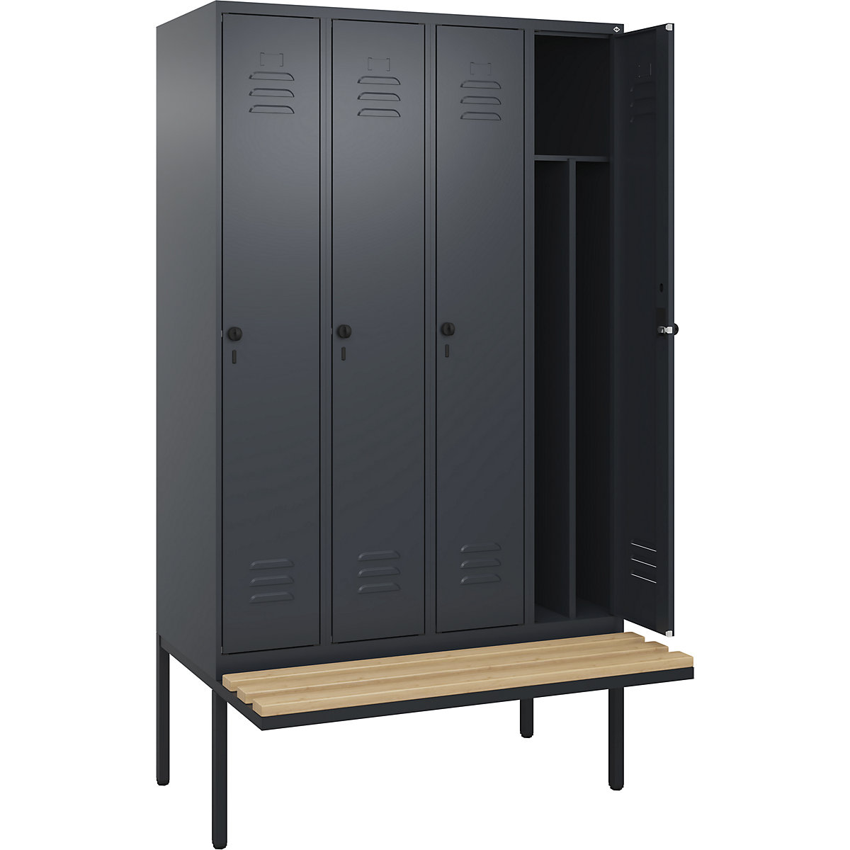 Armadietto sporco/pulito Classic PLUS con panca, stretto – C+P, 4 scomparti, tramezza ridotta, grigio, largh. 1200 mm, serratura girevole di sicurezza, panca sporgente, legno duro di faggio-0