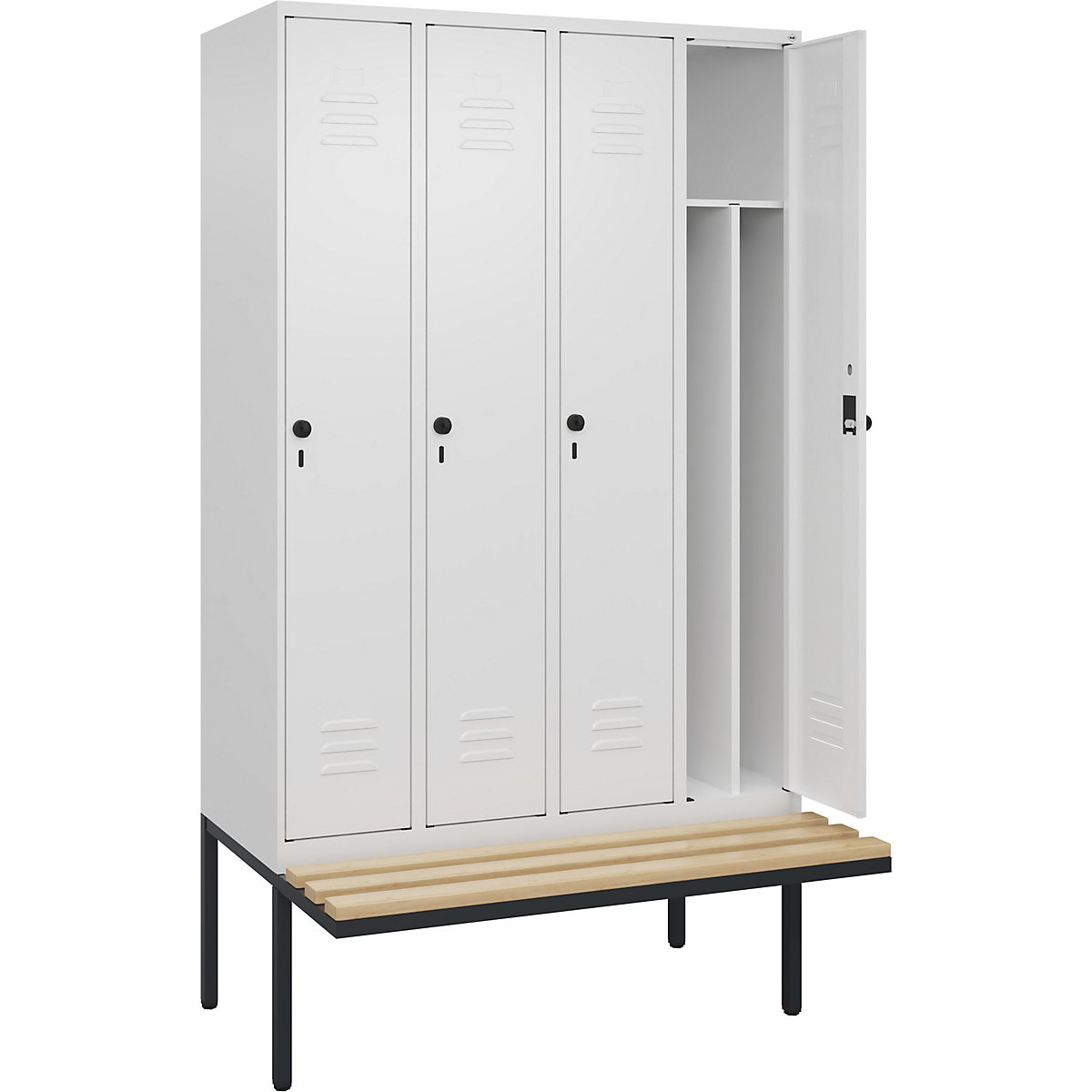 Armadietto sporco/pulito Classic PLUS con panca, stretto – C+P, 4 scomparti, tramezza ridotta, bianco traffico, largh. 1200 mm, serratura girevole di sicurezza, panca sporgente, legno duro di faggio-0