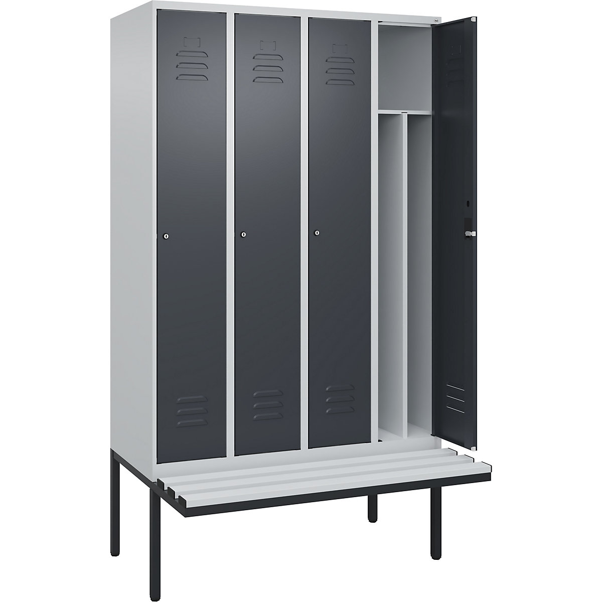 Armadietto sporco/pulito Classic PLUS con panca, stretto – C+P, 4 scomparti, tramezza ridotta, grigio chiaro / grigio, largh. 1200 mm, serratura a cilindro, panca sporgente, plastica-0