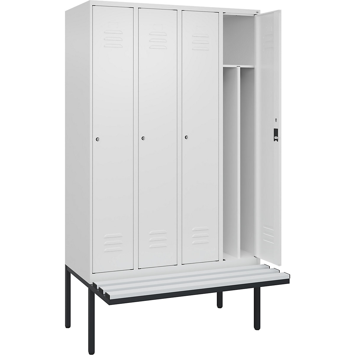 Armadietto sporco/pulito Classic PLUS con panca, stretto – C+P, 4 scomparti, tramezza ridotta, bianco traffico, largh. 1200 mm, serratura a cilindro, panca sporgente, plastica-0