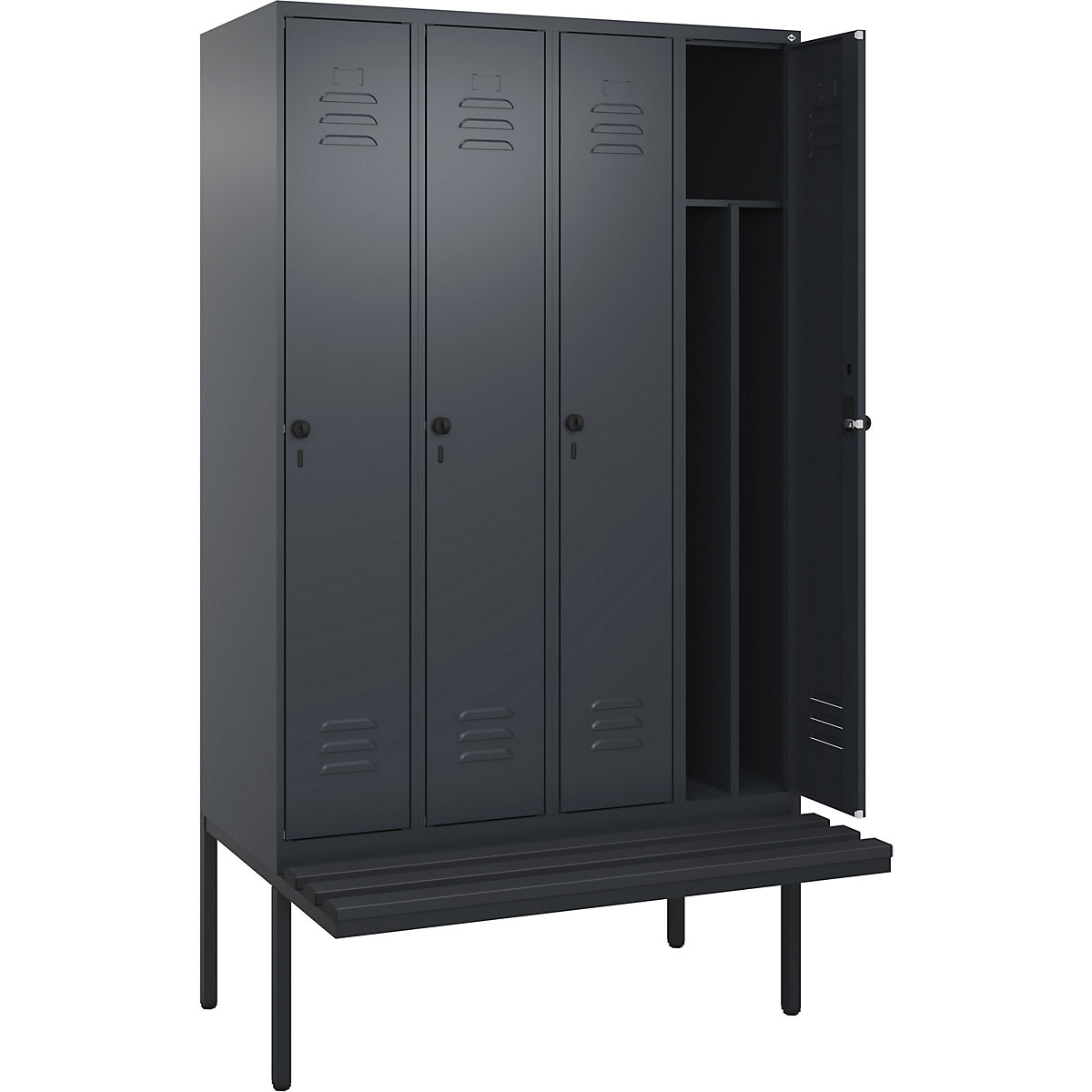 Armadietto sporco/pulito Classic PLUS con panca, stretto – C+P, 4 scomparti, tramezza ridotta, grigio, largh. 1200 mm, serratura girevole di sicurezza, panca sporgente, plastica-0