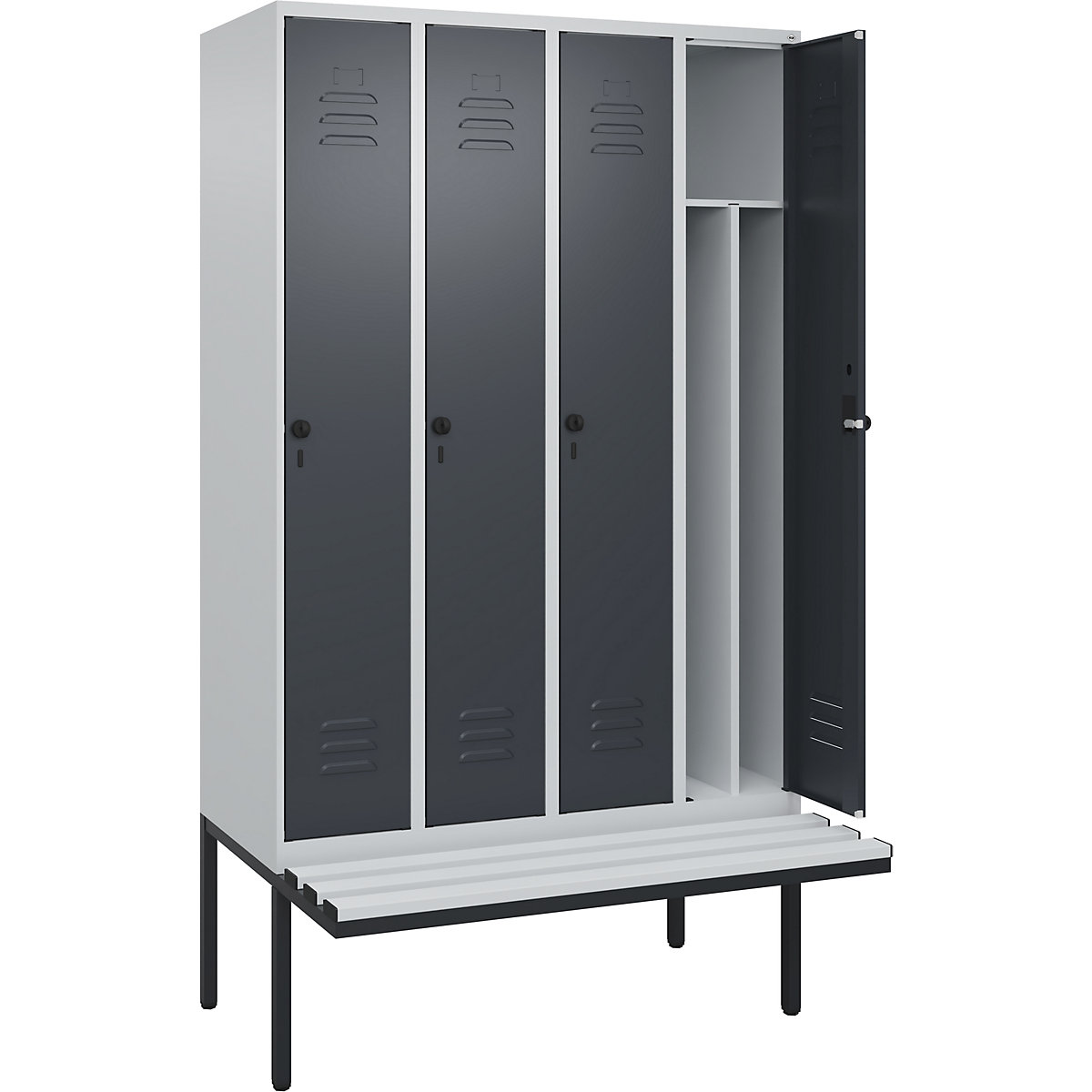 Armadietto sporco/pulito Classic PLUS con panca, stretto – C+P, 4 scomparti, tramezza ridotta, grigio chiaro / grigio, largh. 1200 mm, serratura girevole di sicurezza, panca sporgente, plastica-0