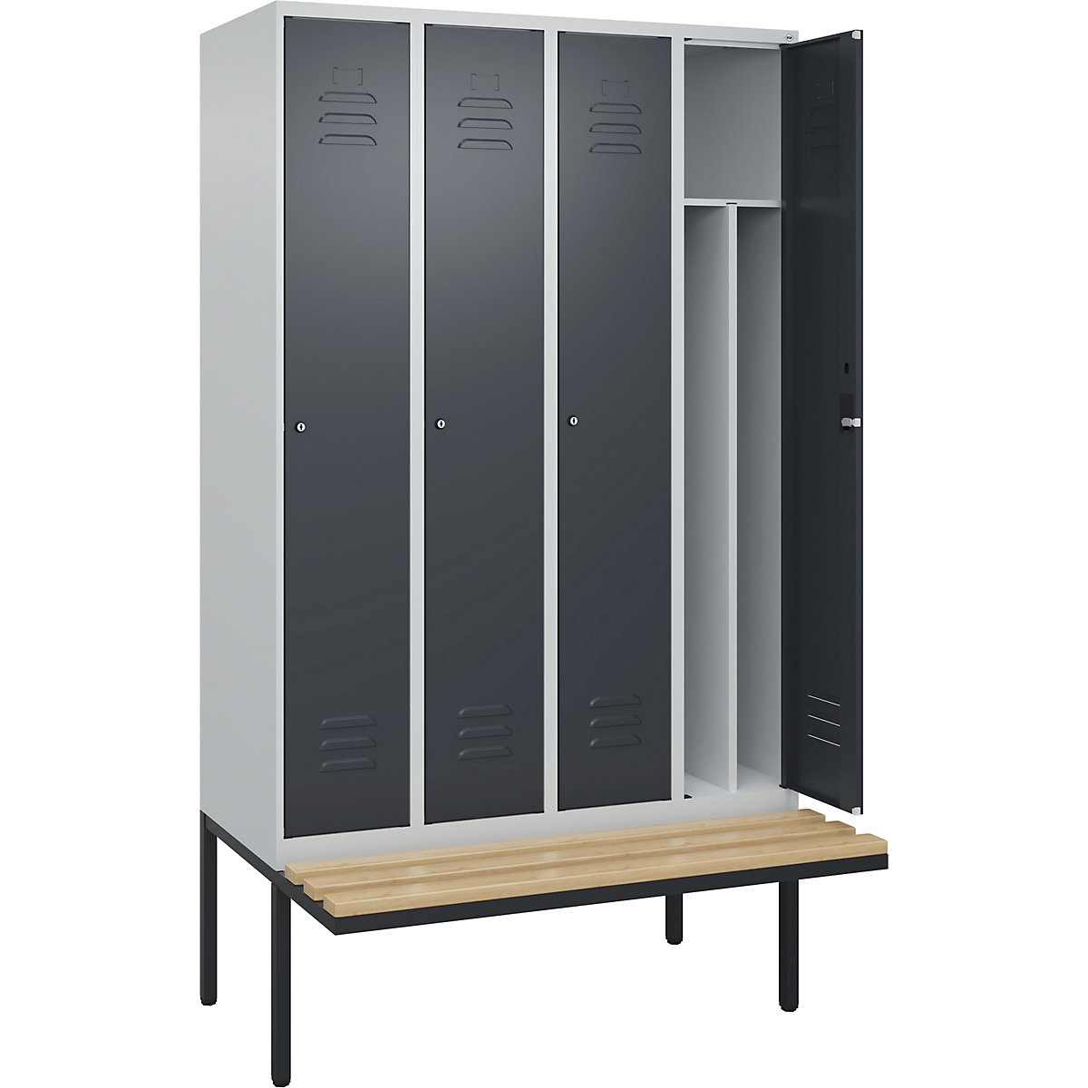 Armadietto sporco/pulito Classic PLUS con panca, stretto – C+P, 4 scomparti, tramezza ridotta, grigio chiaro / grigio, largh. 1200 mm, serratura a cilindro, panca sporgente, legno duro di faggio-0