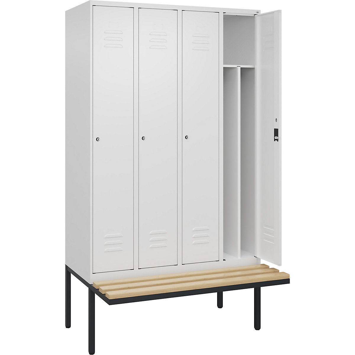 Armadietto sporco/pulito Classic PLUS con panca, stretto – C+P, 4 scomparti, tramezza ridotta, bianco traffico, largh. 1200 mm, serratura a cilindro, panca sporgente, legno duro di faggio-0