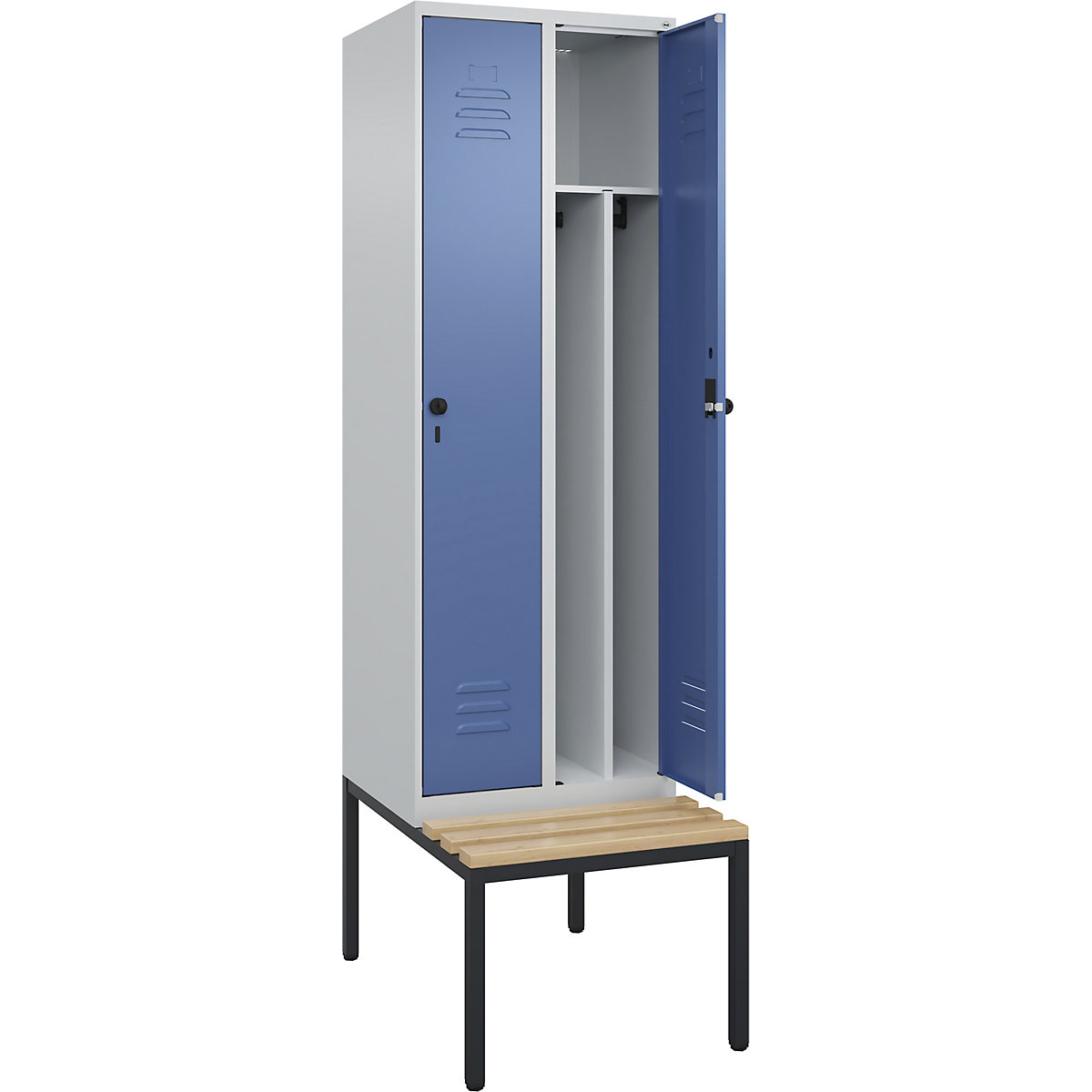 Armadietto sporco/pulito Classic PLUS con panca, stretto – C+P, 2 scomparti, tramezza ridotta, grigio chiaro / indaco, largh. 600 mm, serratura girevole di sicurezza, panca integrata, legno duro di faggio-0