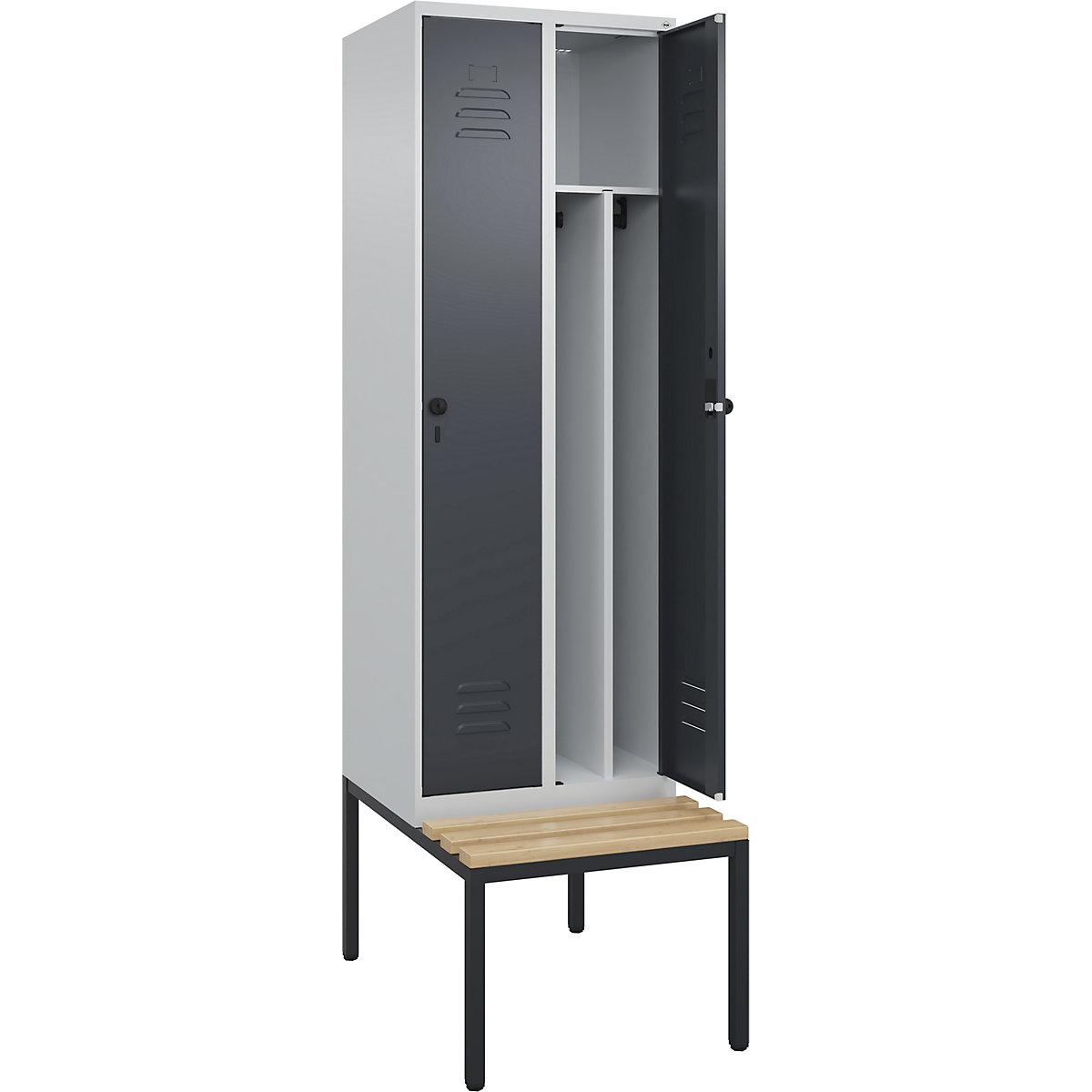 Armadietto sporco/pulito Classic PLUS con panca, stretto – C+P, 2 scomparti, tramezza ridotta, grigio chiaro / grigio, largh. 600 mm, serratura girevole di sicurezza, panca integrata, legno duro di faggio-0