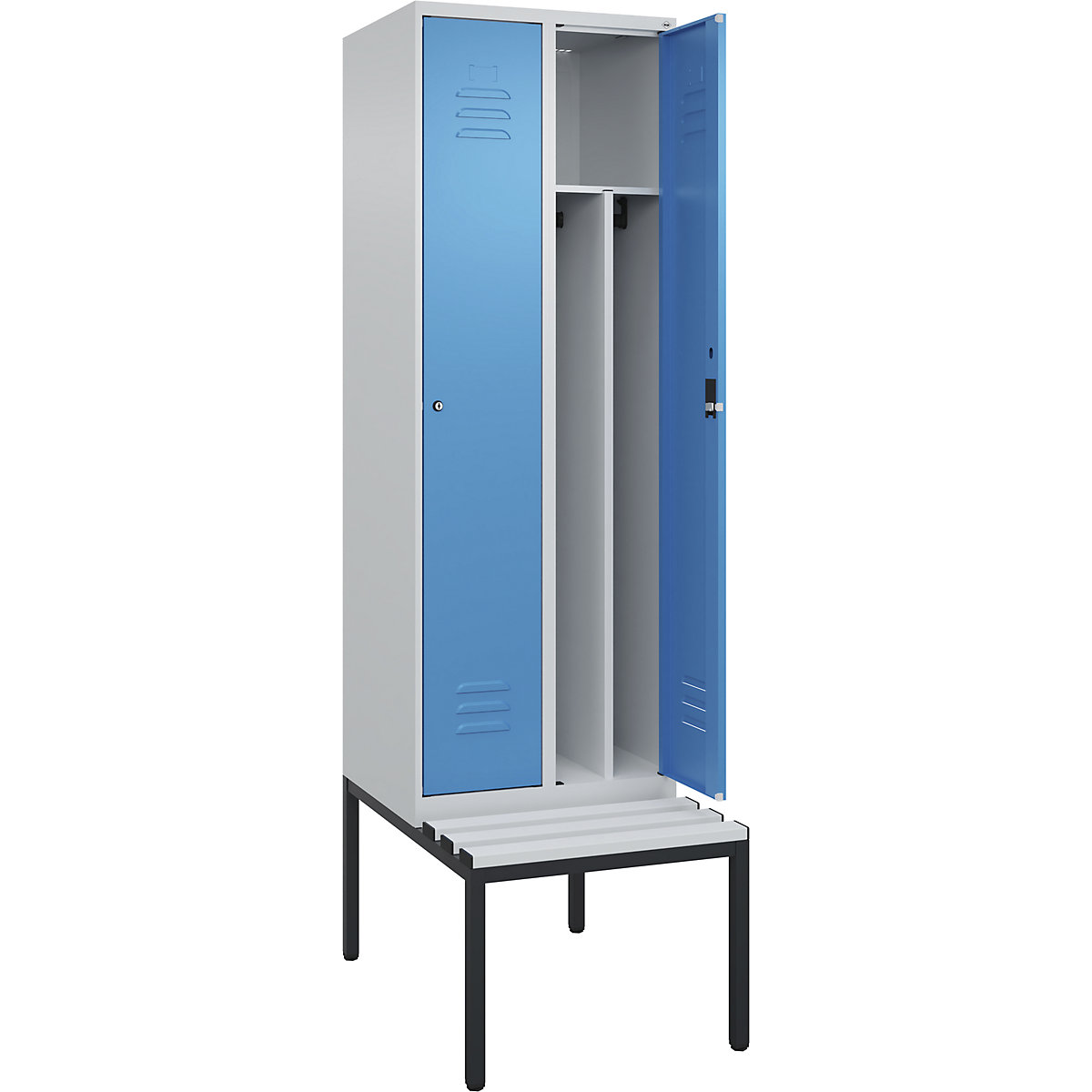 Armadietto sporco/pulito Classic PLUS con panca, stretto – C+P, 2 scomparti, tramezza ridotta, grigio chiaro / blu chiaro, largh. 600 mm, serratura a cilindro, panca integrata, plastica-0