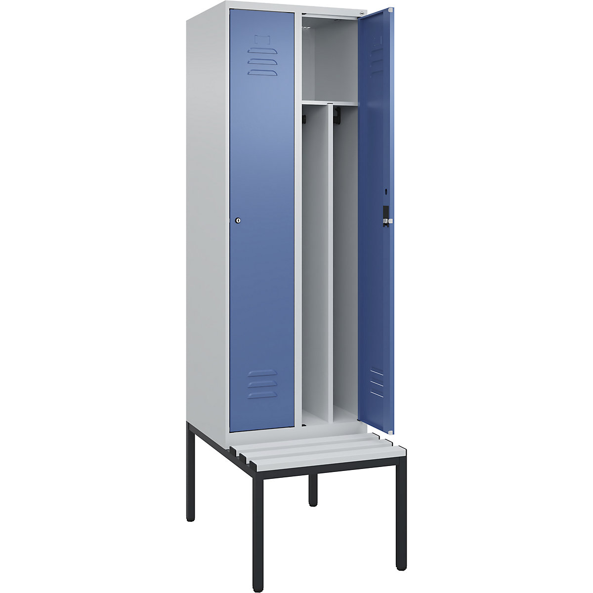 Armadietto sporco/pulito Classic PLUS con panca, stretto – C+P, 2 scomparti, tramezza ridotta, grigio chiaro / indaco, largh. 600 mm, serratura a cilindro, panca integrata, plastica-0