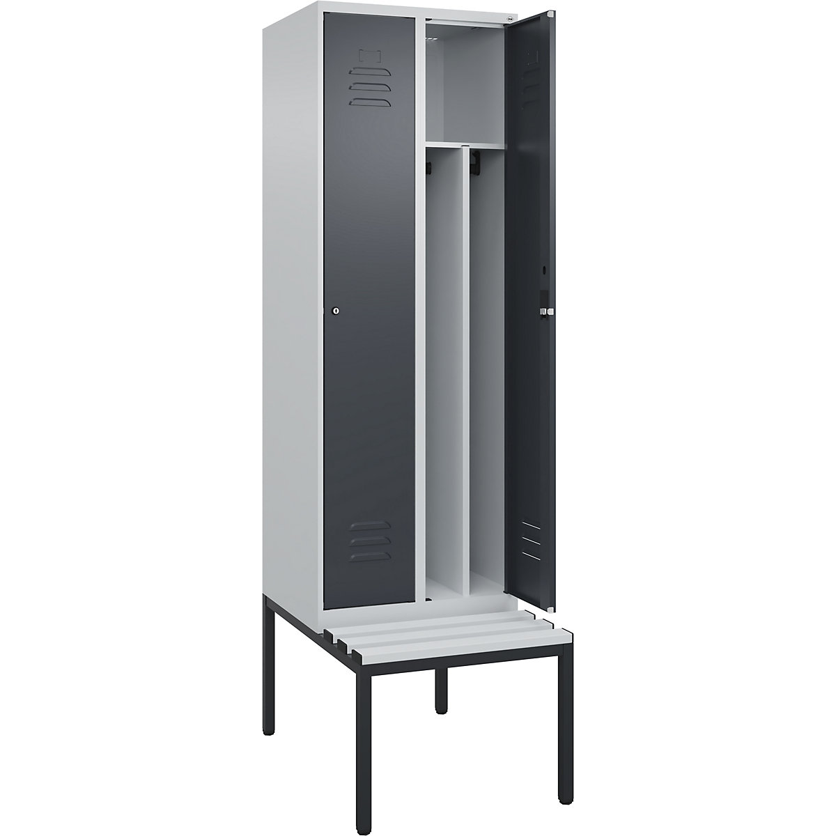 Armadietto sporco/pulito Classic PLUS con panca, stretto – C+P, 2 scomparti, tramezza ridotta, grigio chiaro / grigio, largh. 600 mm, serratura a cilindro, panca integrata, plastica-0