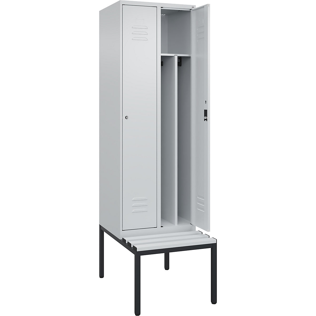 Armadietto sporco/pulito Classic PLUS con panca, stretto – C+P, 2 scomparti, tramezza ridotta, grigio chiaro, largh. 600 mm, serratura a cilindro, panca integrata, plastica-0