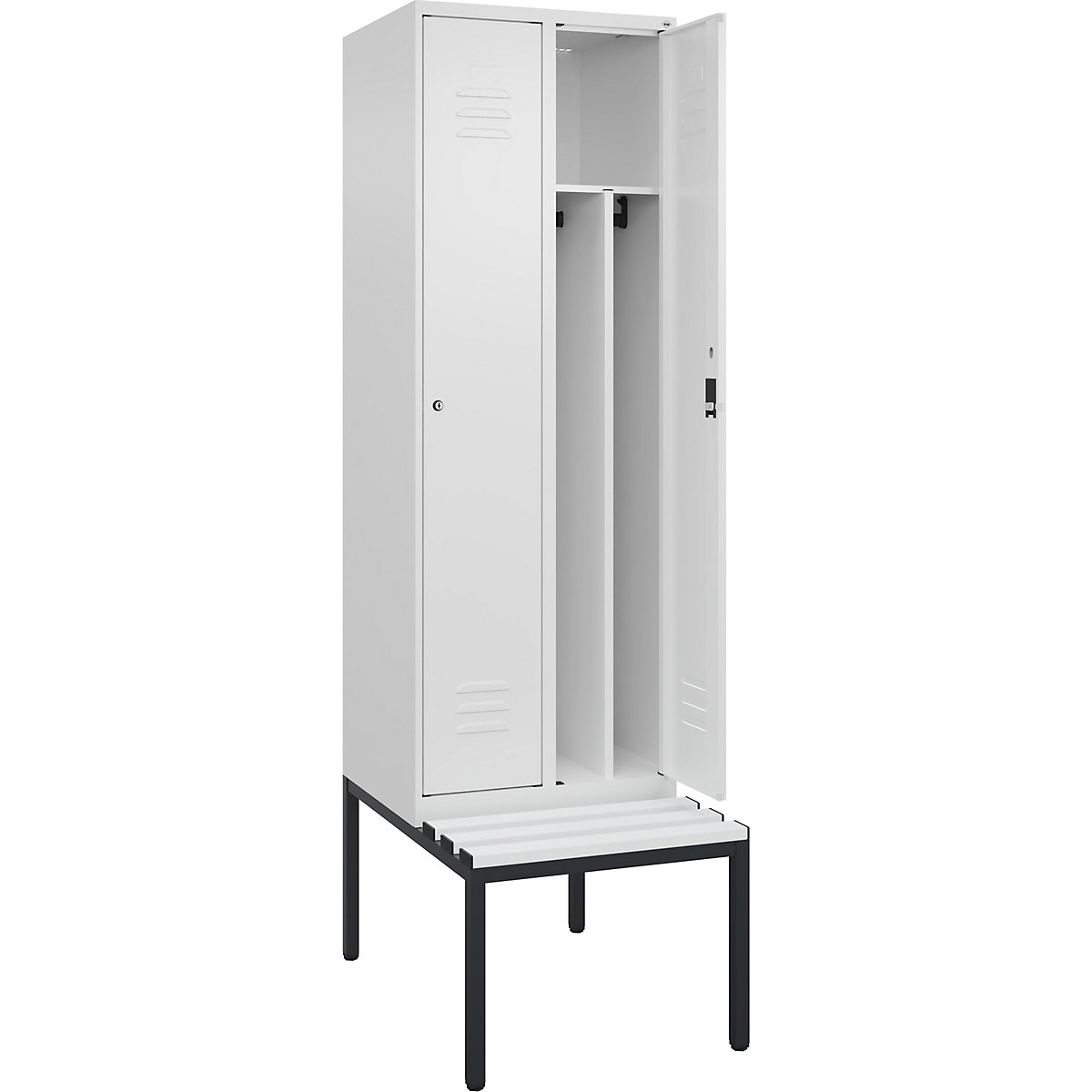 Armadietto sporco/pulito Classic PLUS con panca, stretto – C+P, 2 scomparti, tramezza ridotta, bianco traffico, largh. 600 mm, serratura a cilindro, panca integrata, plastica-0