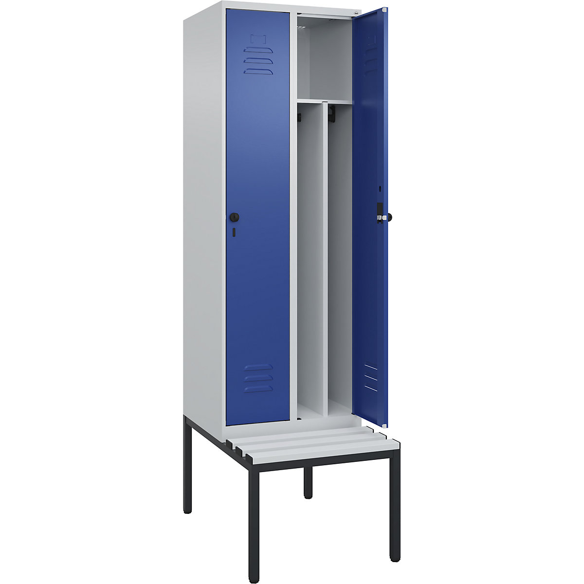 Armadietto sporco/pulito Classic PLUS con panca, stretto – C+P, 2 scomparti, tramezza ridotta, grigio chiaro / blu genziana, largh. 600 mm, serratura girevole di sicurezza, panca integrata, plastica-0