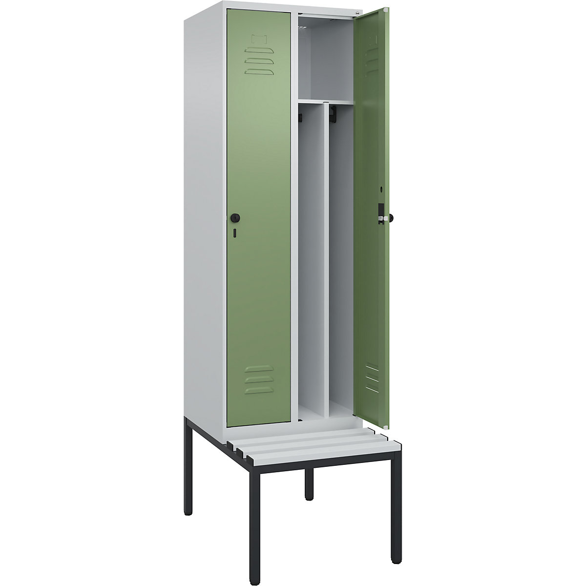 Armadietto sporco/pulito Classic PLUS con panca, stretto – C+P, 2 scomparti, tramezza ridotta, grigio chiaro / verde reseda, largh. 600 mm, serratura girevole di sicurezza, panca integrata, plastica-0