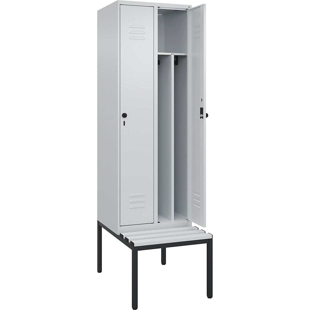 Armadietto sporco/pulito Classic PLUS con panca, stretto – C+P, 2 scomparti, tramezza ridotta, grigio chiaro, largh. 600 mm, serratura girevole di sicurezza, panca integrata, plastica-0