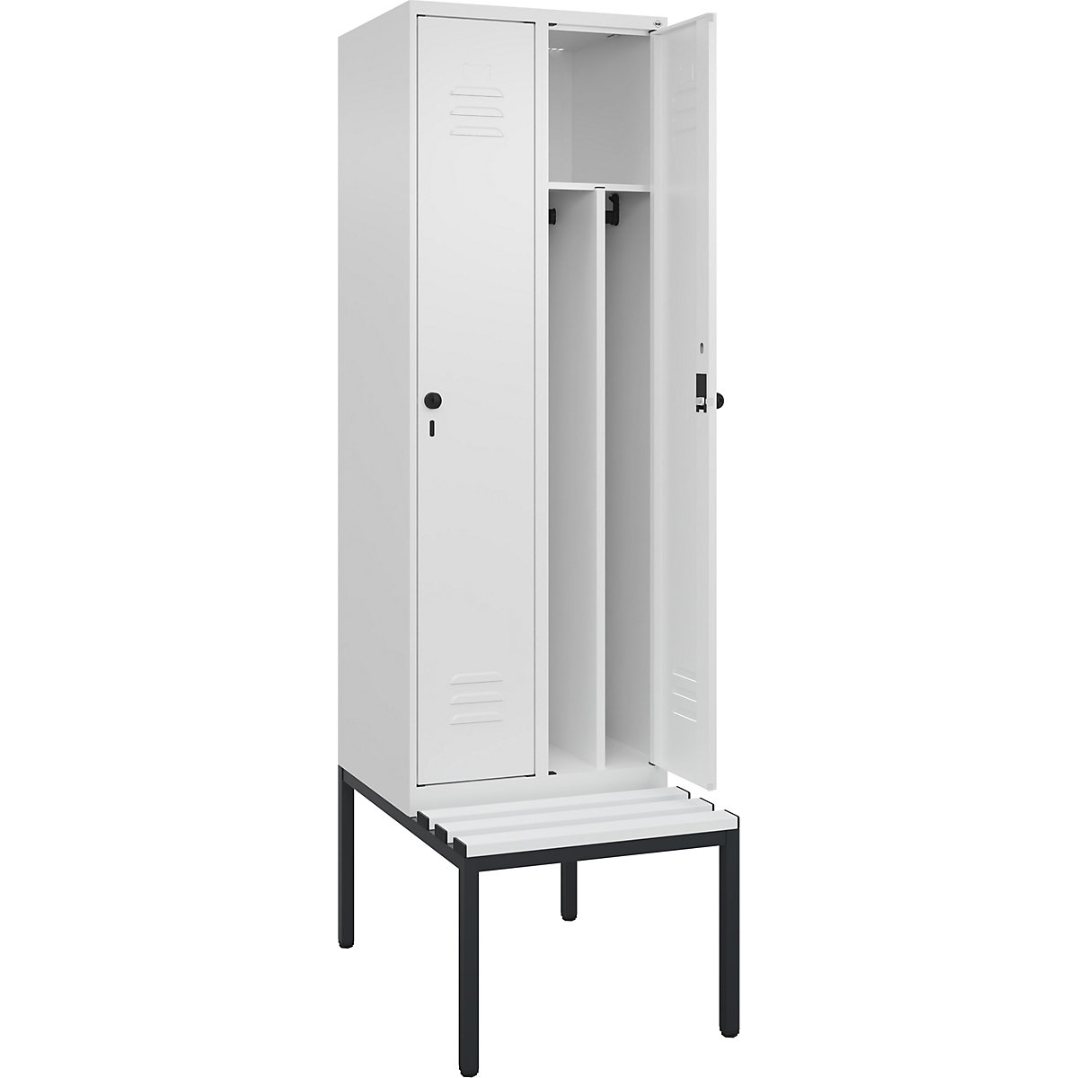 Armadietto sporco/pulito Classic PLUS con panca, stretto – C+P, 2 scomparti, tramezza ridotta, bianco traffico, largh. 600 mm, serratura girevole di sicurezza, panca integrata, plastica-0