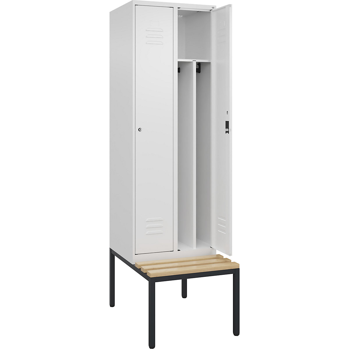 Armadietto sporco/pulito Classic PLUS con panca, stretto – C+P, 2 scomparti, tramezza ridotta, bianco traffico, largh. 600 mm, serratura a cilindro, panca integrata, legno duro di faggio-0