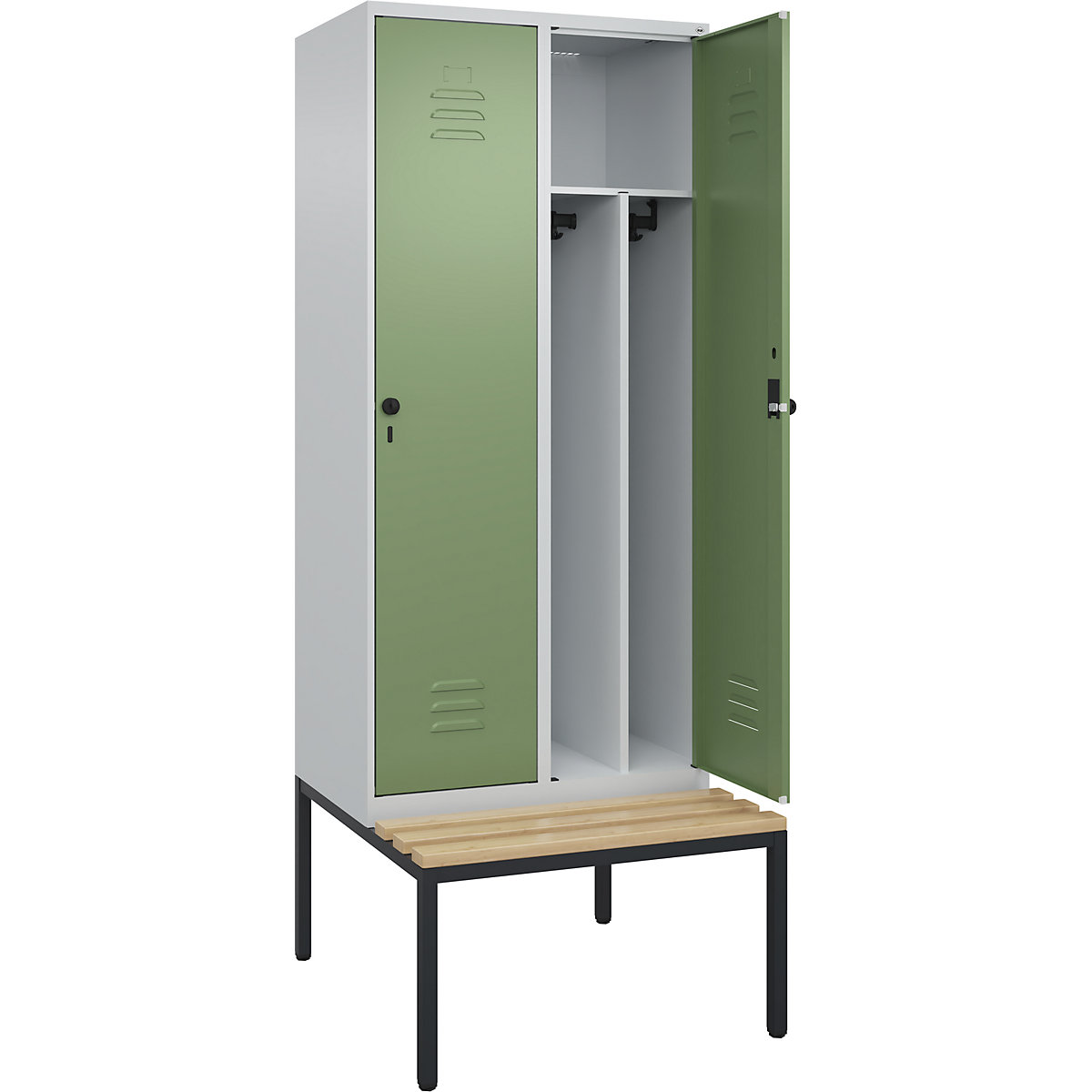 Armadietto sporco/pulito Classic PLUS con panca, stretto – C+P, 2 scomparti, tramezza ridotta, grigio chiaro / verde reseda, largh. 800 mm, serratura girevole di sicurezza, panca integrata, legno duro di faggio-0