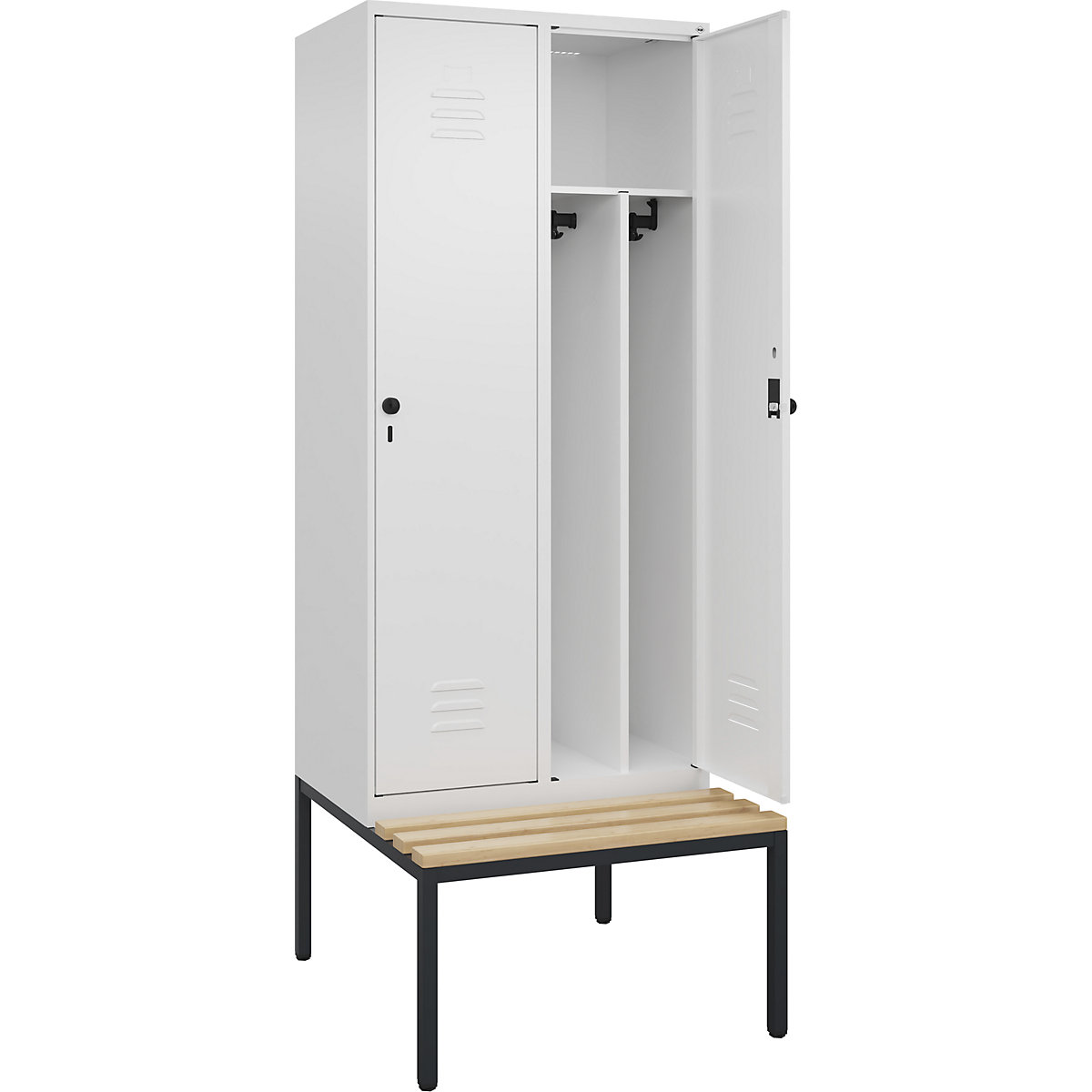 Armadietto sporco/pulito Classic PLUS con panca, stretto – C+P, 2 scomparti, tramezza ridotta, bianco traffico, largh. 800 mm, serratura girevole di sicurezza, panca integrata, legno duro di faggio-0