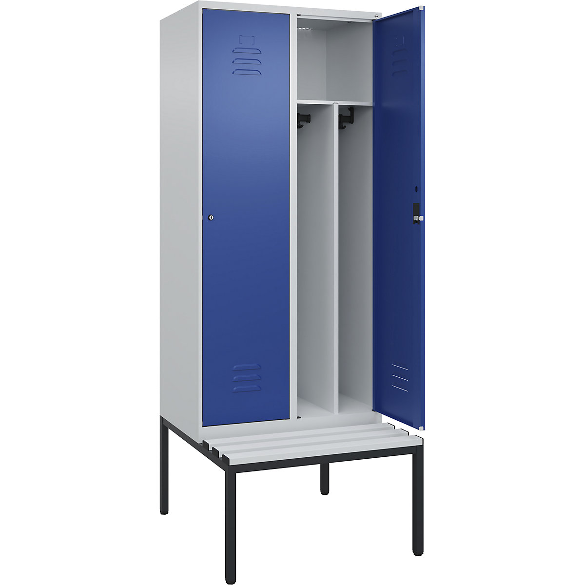 Armadietto sporco/pulito Classic PLUS con panca, stretto – C+P, 2 scomparti, tramezza ridotta, grigio chiaro / blu genziana, largh. 800 mm, serratura a cilindro, panca integrata, plastica-0