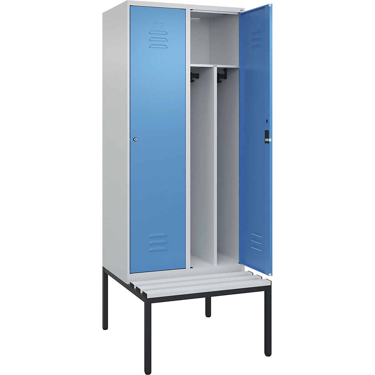 Armadietto sporco/pulito Classic PLUS con panca, stretto – C+P, 2 scomparti, tramezza ridotta, grigio chiaro / blu chiaro, largh. 800 mm, serratura a cilindro, panca integrata, plastica-0