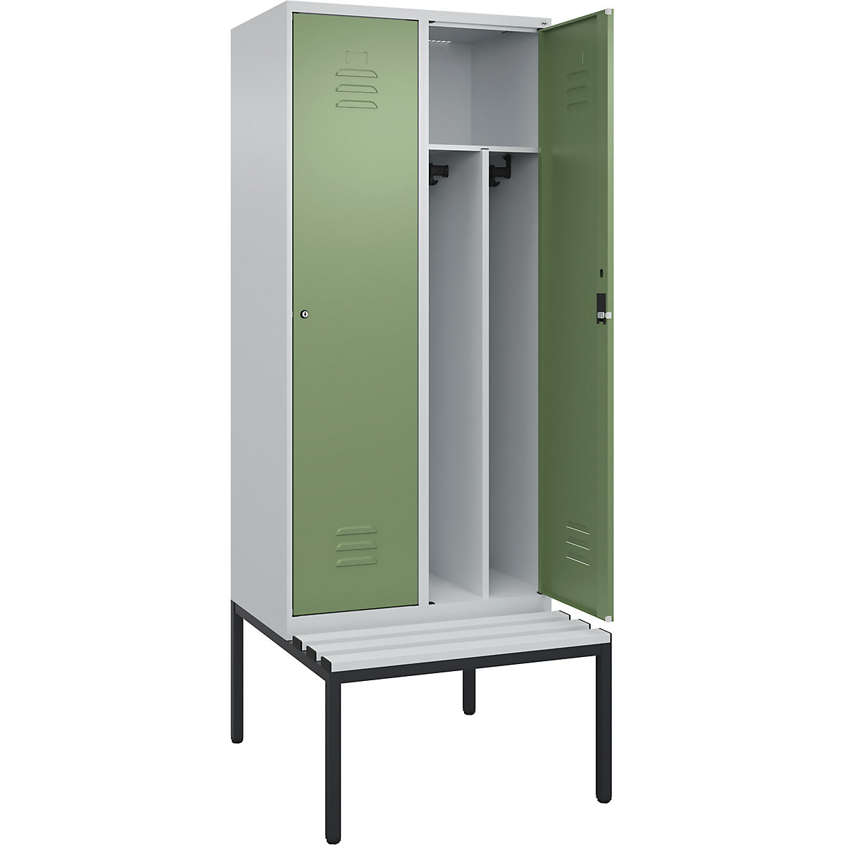 Armadietto sporco/pulito Classic PLUS con panca, stretto – C+P, 2 scomparti, tramezza ridotta, grigio chiaro / verde reseda, largh. 800 mm, serratura a cilindro, panca integrata, plastica-0