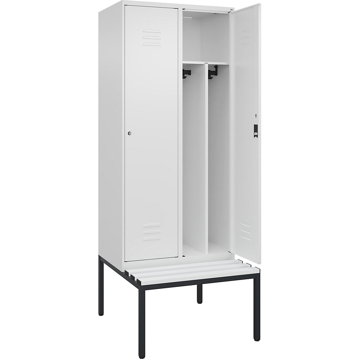 Armadietto sporco/pulito Classic PLUS con panca, stretto – C+P, 2 scomparti, tramezza ridotta, bianco traffico, largh. 800 mm, serratura a cilindro, panca integrata, plastica-0