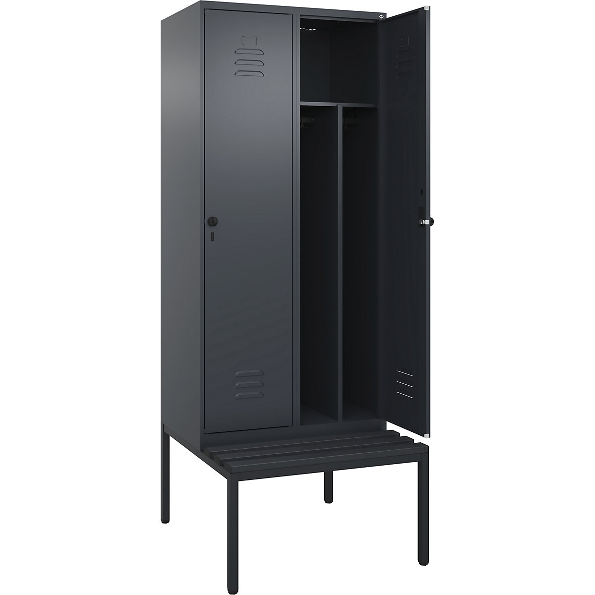 Armadietto sporco/pulito Classic PLUS con panca, stretto – C+P, 2 scomparti, tramezza ridotta, grigio, largh. 800 mm, serratura girevole di sicurezza, panca integrata, plastica-0