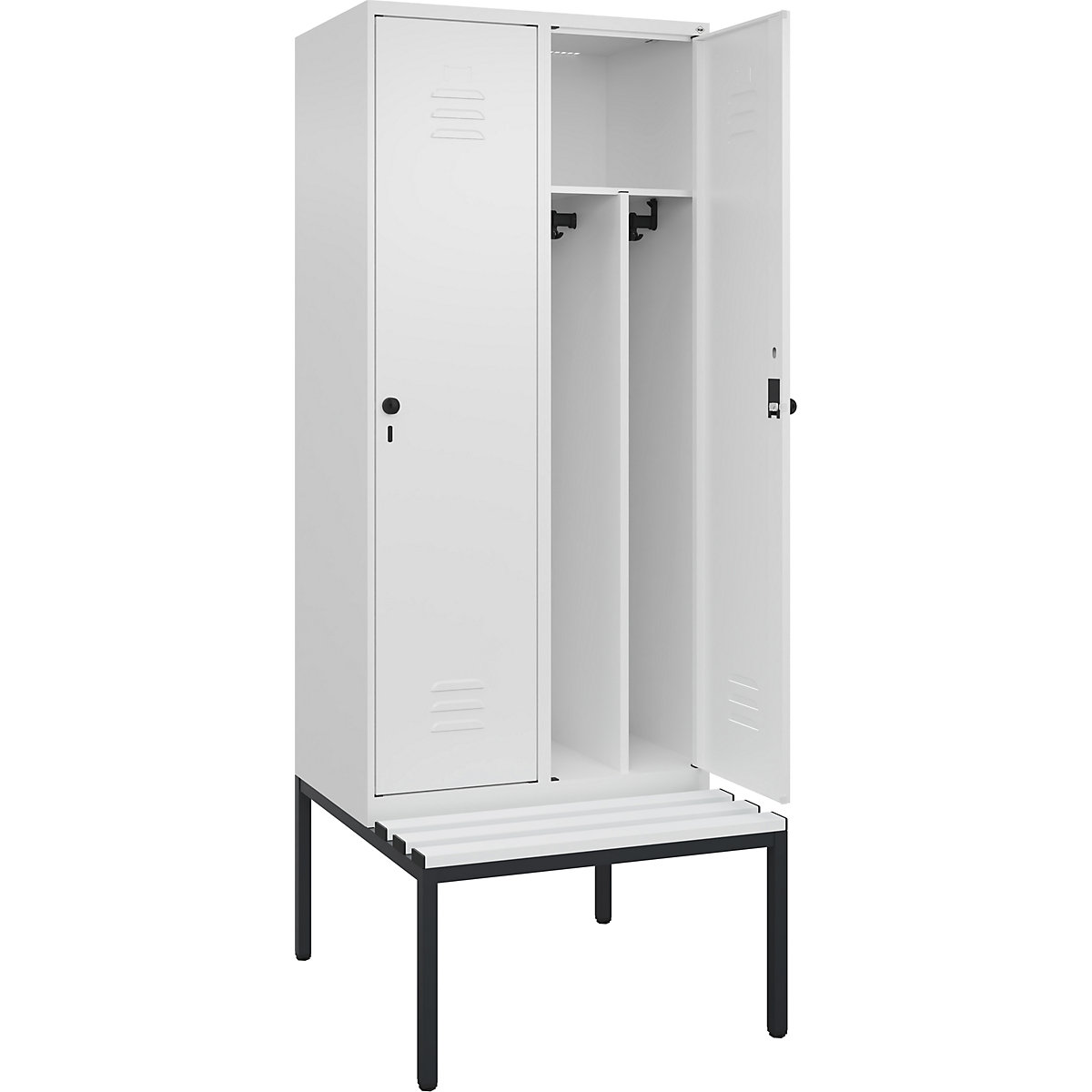 Armadietto sporco/pulito Classic PLUS con panca, stretto – C+P, 2 scomparti, tramezza ridotta, bianco traffico, largh. 800 mm, serratura girevole di sicurezza, panca integrata, plastica-0