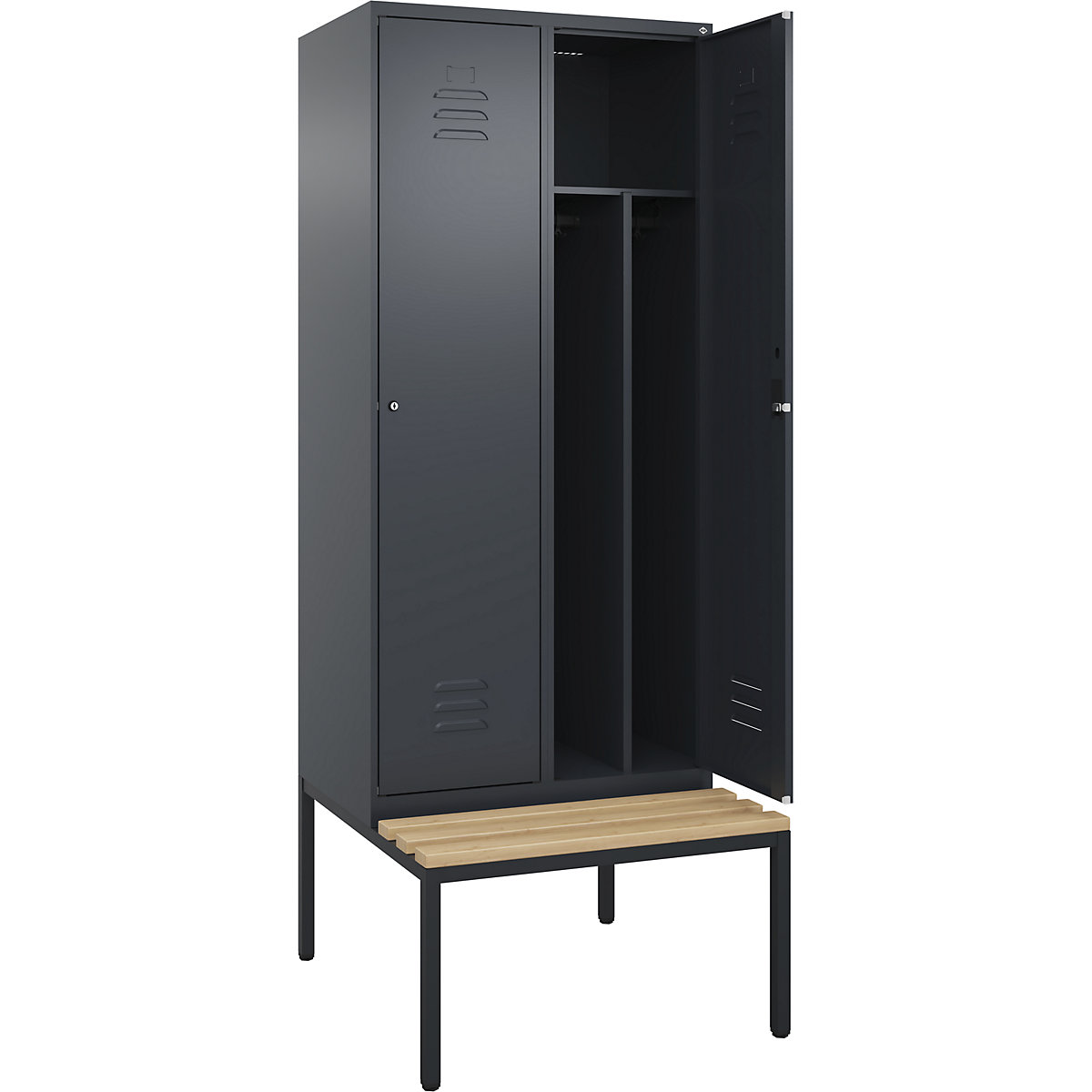 Armadietto sporco/pulito Classic PLUS con panca, stretto – C+P, 2 scomparti, tramezza ridotta, grigio, largh. 800 mm, serratura a cilindro, panca integrata, legno duro di faggio-0