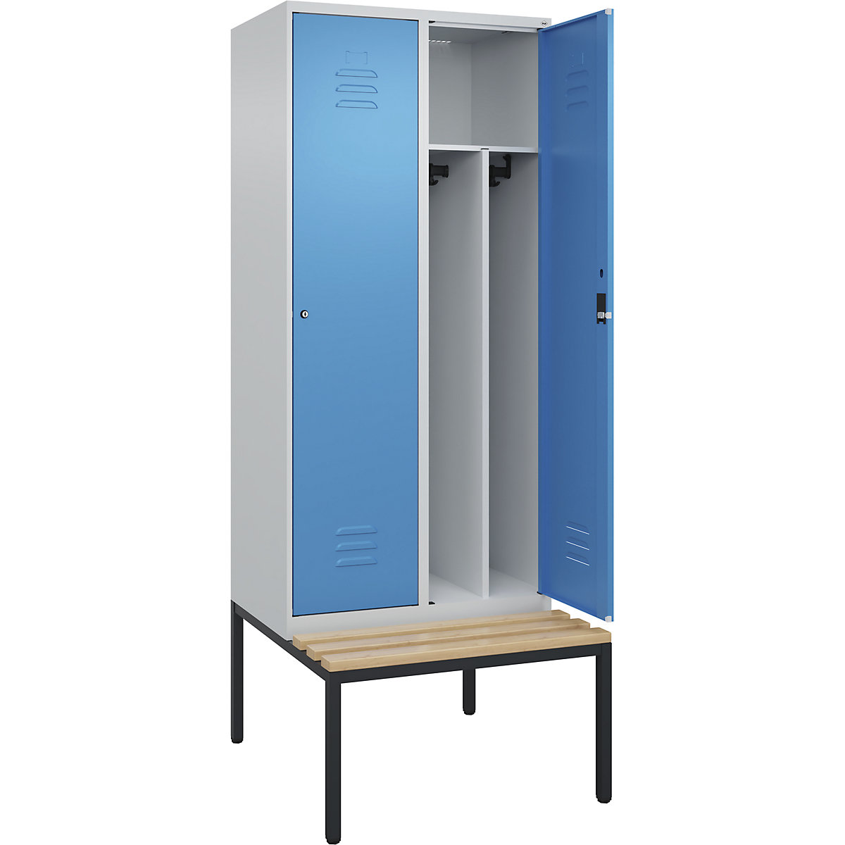 Armadietto sporco/pulito Classic PLUS con panca, stretto – C+P, 2 scomparti, tramezza ridotta, grigio chiaro / blu chiaro, largh. 800 mm, serratura a cilindro, panca integrata, legno duro di faggio-0