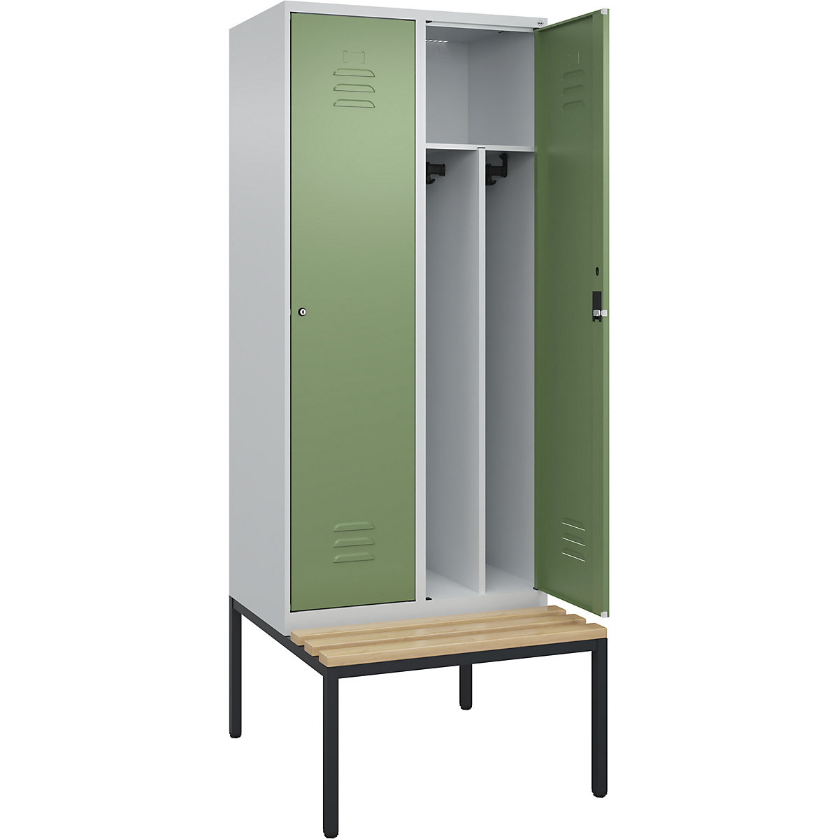 Armadietto sporco/pulito Classic PLUS con panca, stretto – C+P, 2 scomparti, tramezza ridotta, grigio chiaro / verde reseda, largh. 800 mm, serratura a cilindro, panca integrata, legno duro di faggio-0