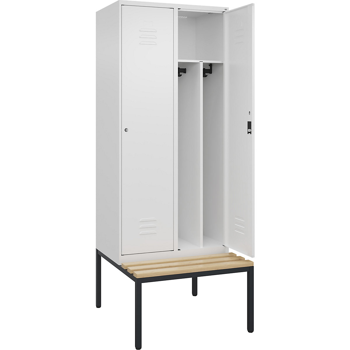 Armadietto sporco/pulito Classic PLUS con panca, stretto – C+P, 2 scomparti, tramezza ridotta, bianco traffico, largh. 800 mm, serratura a cilindro, panca integrata, legno duro di faggio-0