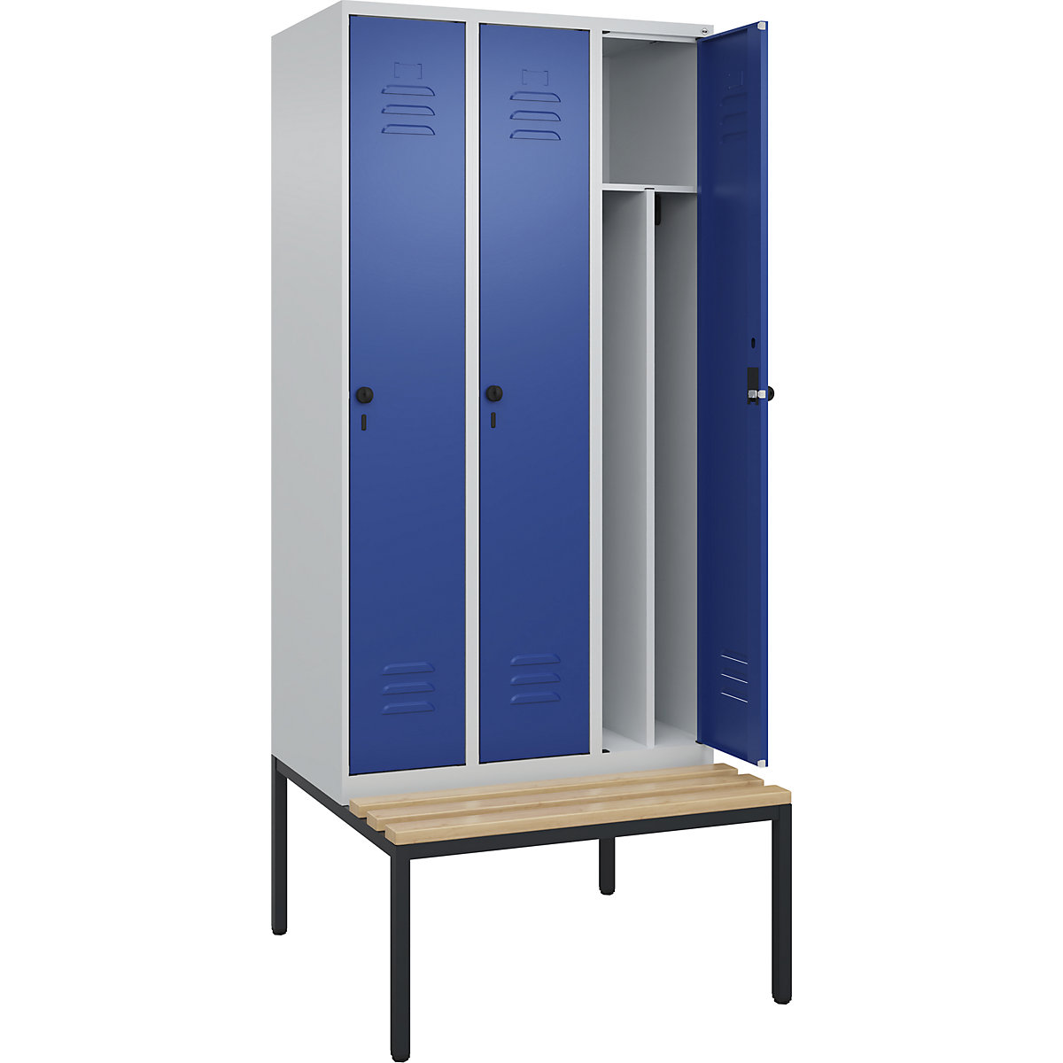 Armadietto sporco/pulito Classic PLUS con panca, stretto – C+P, 3 scomparti, tramezza ridotta, grigio chiaro / blu genziana, largh. 900 mm, serratura girevole di sicurezza, panca integrata, legno duro di faggio-0