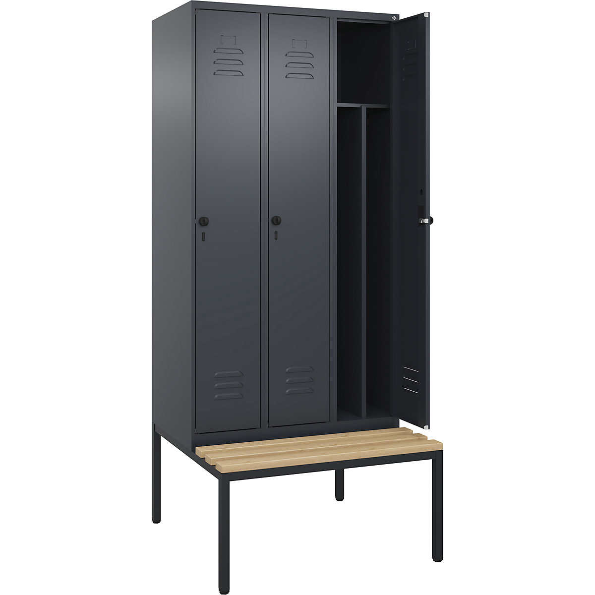 Armadietto sporco/pulito Classic PLUS con panca, stretto – C+P, 3 scomparti, tramezza ridotta, grigio, largh. 900 mm, serratura girevole di sicurezza, panca integrata, legno duro di faggio-0