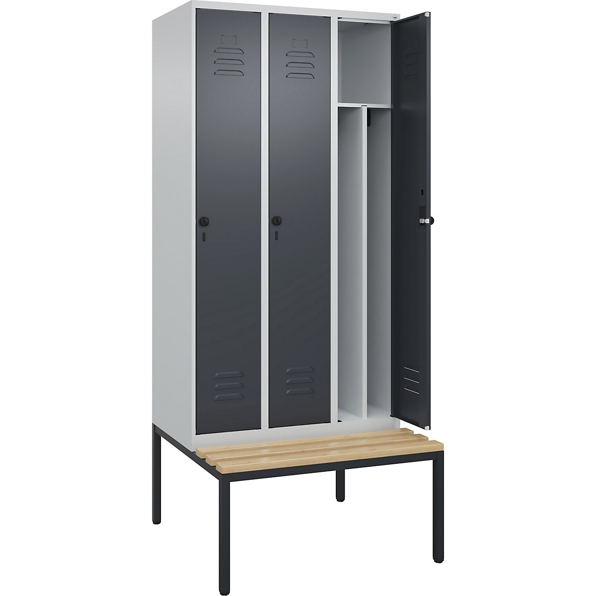 Armadietto sporco/pulito Classic PLUS con panca, stretto – C+P, 3 scomparti, tramezza ridotta, grigio chiaro / grigio, largh. 900 mm, serratura girevole di sicurezza, panca integrata, legno duro di faggio-0