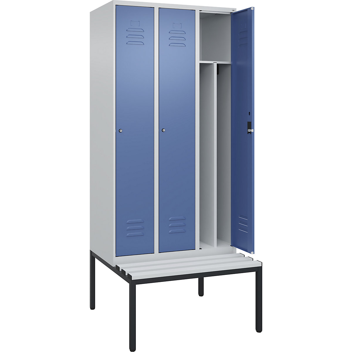 Armadietto sporco/pulito Classic PLUS con panca, stretto – C+P, 3 scomparti, tramezza ridotta, grigio chiaro / indaco, largh. 900 mm, serratura a cilindro, panca integrata, plastica-0