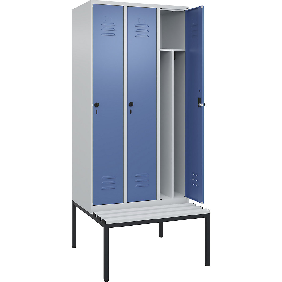 Armadietto sporco/pulito Classic PLUS con panca, stretto – C+P, 3 scomparti, tramezza ridotta, grigio chiaro / indaco, largh. 900 mm, serratura girevole di sicurezza, panca integrata, plastica-0