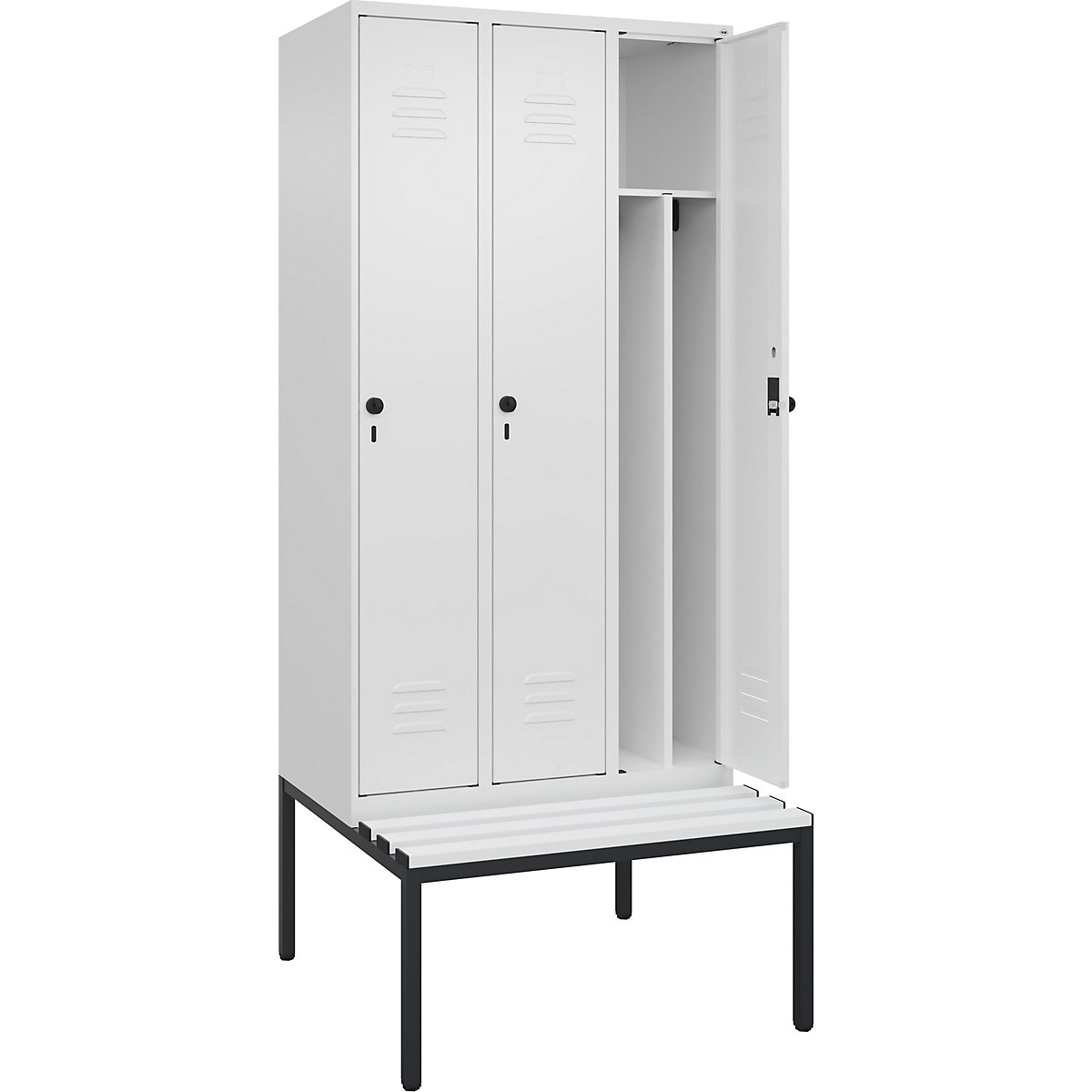 Armadietto sporco/pulito Classic PLUS con panca, stretto – C+P, 3 scomparti, tramezza ridotta, bianco traffico, largh. 900 mm, serratura girevole di sicurezza, panca integrata, plastica-0