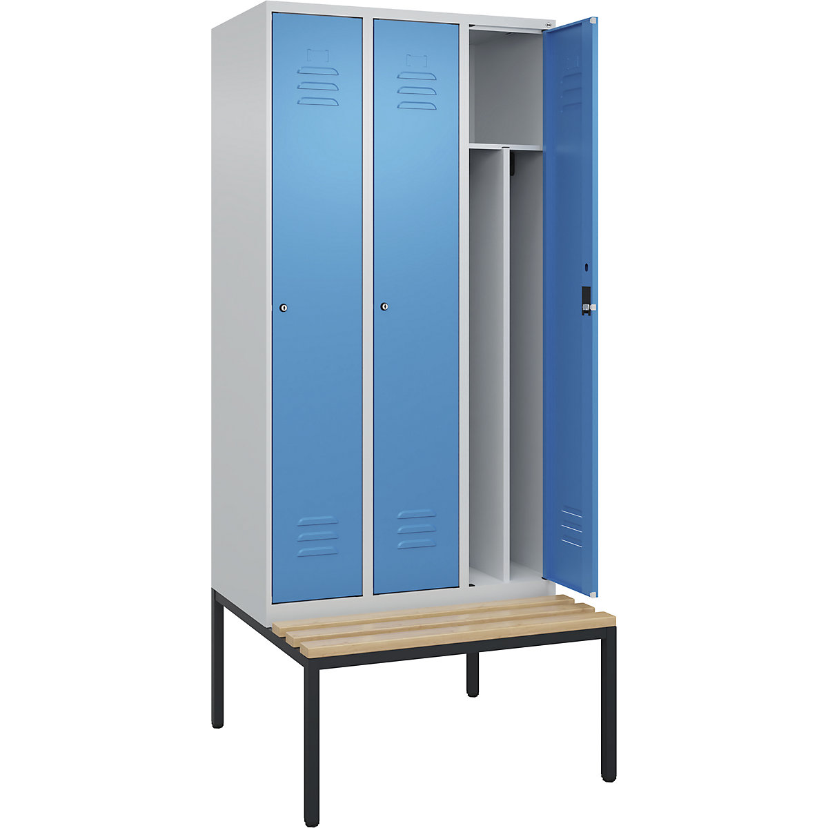 Armadietto sporco/pulito Classic PLUS con panca, stretto – C+P, 3 scomparti, tramezza ridotta, grigio chiaro / blu chiaro, largh. 900 mm, serratura a cilindro, panca integrata, legno duro di faggio-0
